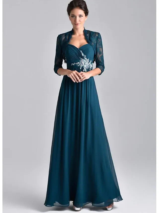 Wholesale Two Piece A-Line Mother of the Bride Dress Elegant Spaghetti Strap Floor Length Chiffon Lace 3/4 Length Sleeve with Embroidery